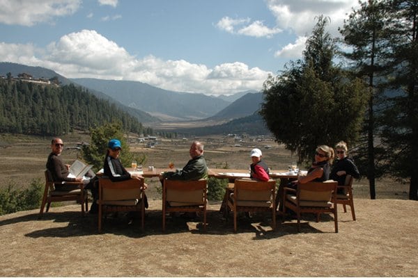 Our farmhouse lunch with a vast view of Bhutan.