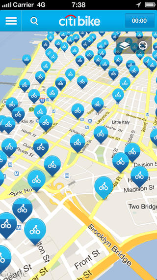 A map of docking stations in Manhattan. Photo Credit: Apple.com.  